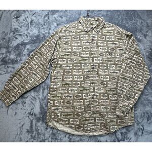 Woolrich‎ Men's Shirt L Khaki Fish Print Long Sleeve Button Up Outdoors 6380